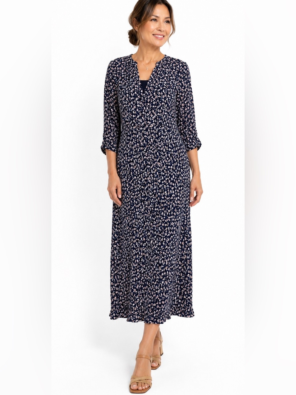 J. Jill Blue Floral slouchy Crinkle Rayon V-Neck Ruffle Hem Midi Dress Womens M